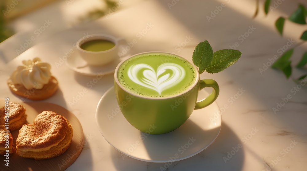 Matcha Latte in a Minimalist Cafe Setting Matcha Latte in a Minimalist Cafe Setting