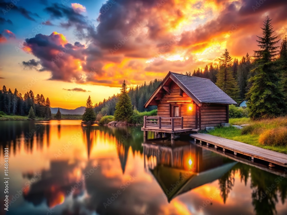 Tilt-Shift Lake Cabin Sunset - Serene Wooden Retreat Photography Tilt-Shift Lake Cabin Sunset - Serene Wooden Retreat Photography