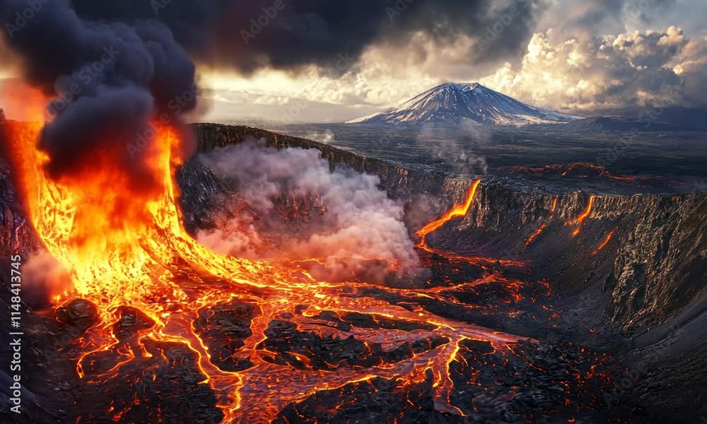 Fiery Eruption of a Volcano with Molten Lava Flowing Down its Slopes and a Distant Mountain in the Background Fiery Eruption of a Volcano with Molten Lava Flowing Down its Slopes and a Distant Mountain in the Background