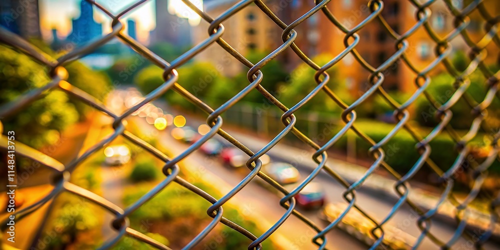 Fototapeta premium Tilt-Shift Miniature Chain Link Fence, Diagramming Boundary Lines, Small Scale Photography, Detailed Close-up, Miniature World, Fence Line, Chain Link