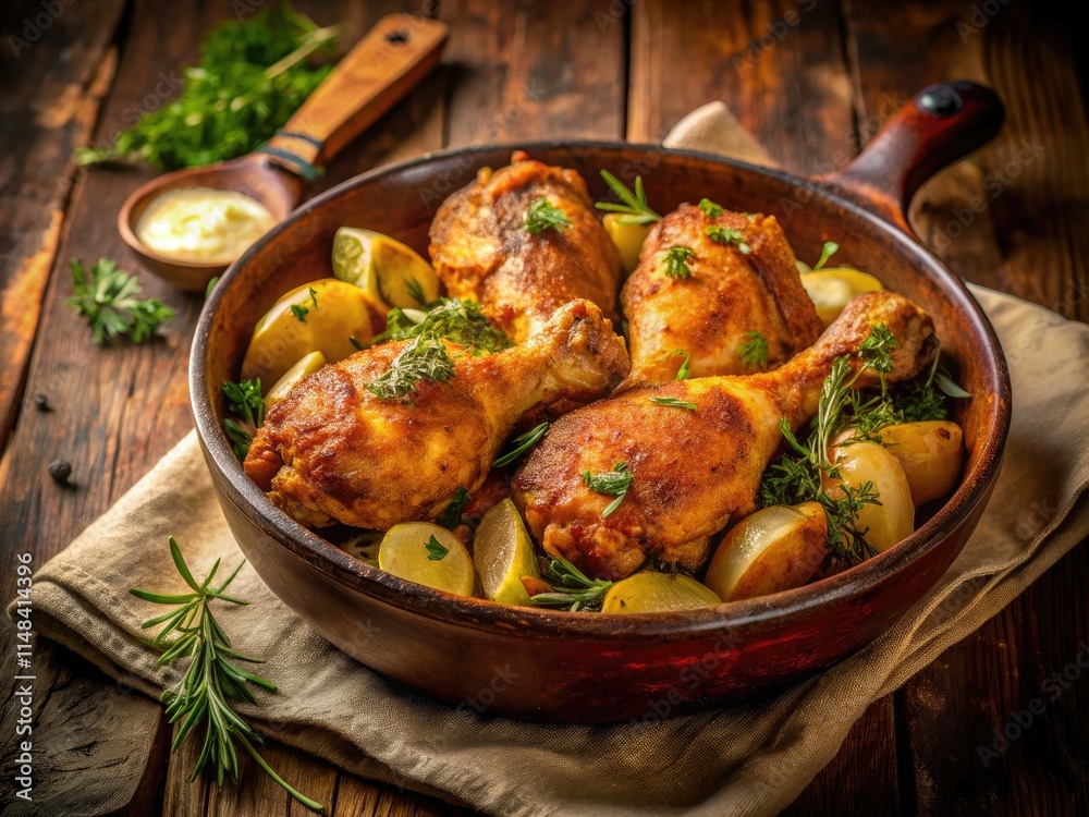 Crispy fried chicken drumsticks and potatoes, baked to rustic perfection in a clay pan for a vintage-inspired feast. Crispy fried chicken drumsticks and potatoes, baked to rustic perfection in a clay pan for a vintage-inspired feast.