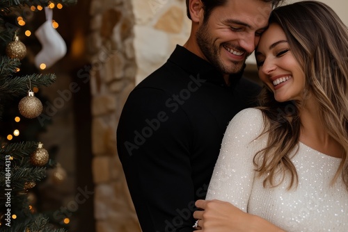 A joyful couple shares a warm embrace near a beautifully decorated Christmas tree, radiating love and festive cheer, perfectly capturing the spirit of the holidays. photo