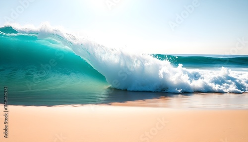 Stunning Turquoise Wave Crashing on a Golden Beach photo