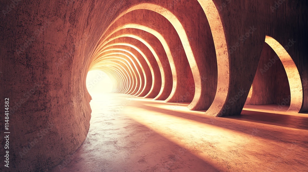 Obraz premium A stunning architectural tunnel with curved walls illuminated by natural light, creating a surreal and inviting space.