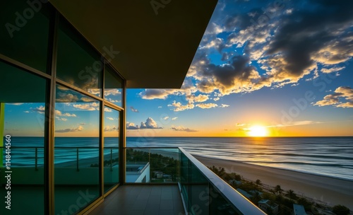 A modern beachfront condo with expansive glass walls a spacious balcony and stunning views of the ocean waves and sunset ocean front property ocean property house home beach real estate