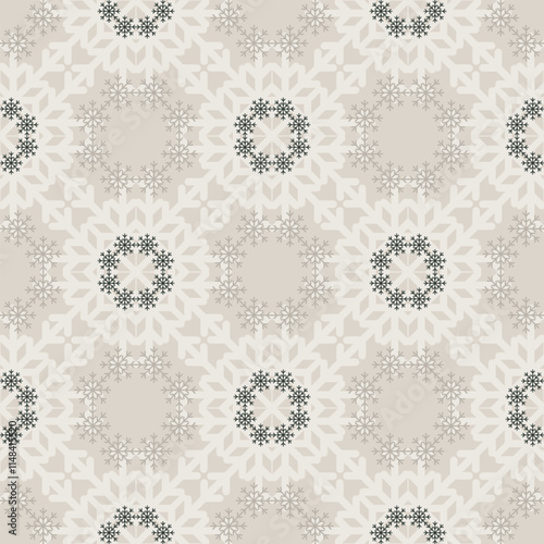 Elegant Christmas seamless vector snowflake pattern on beige background. Beautiful seasonal pattern for wrapping paper, greeting cards, invitations, gift boxes and home decor.