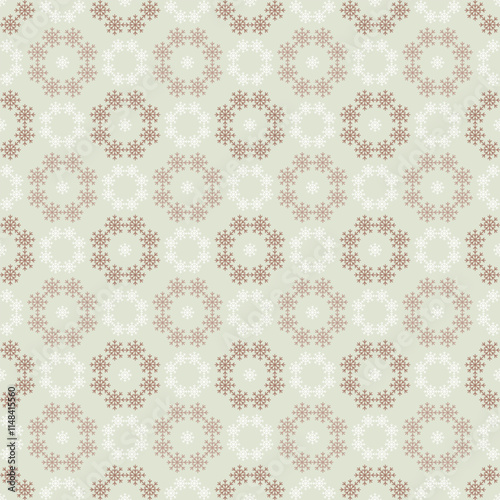 Delicate Christmas seamless vector pattern with white and orange snowflakes. Geometric seasonal texture for wrapping paper, greeting cards, invitations, gift boxes and web background.
