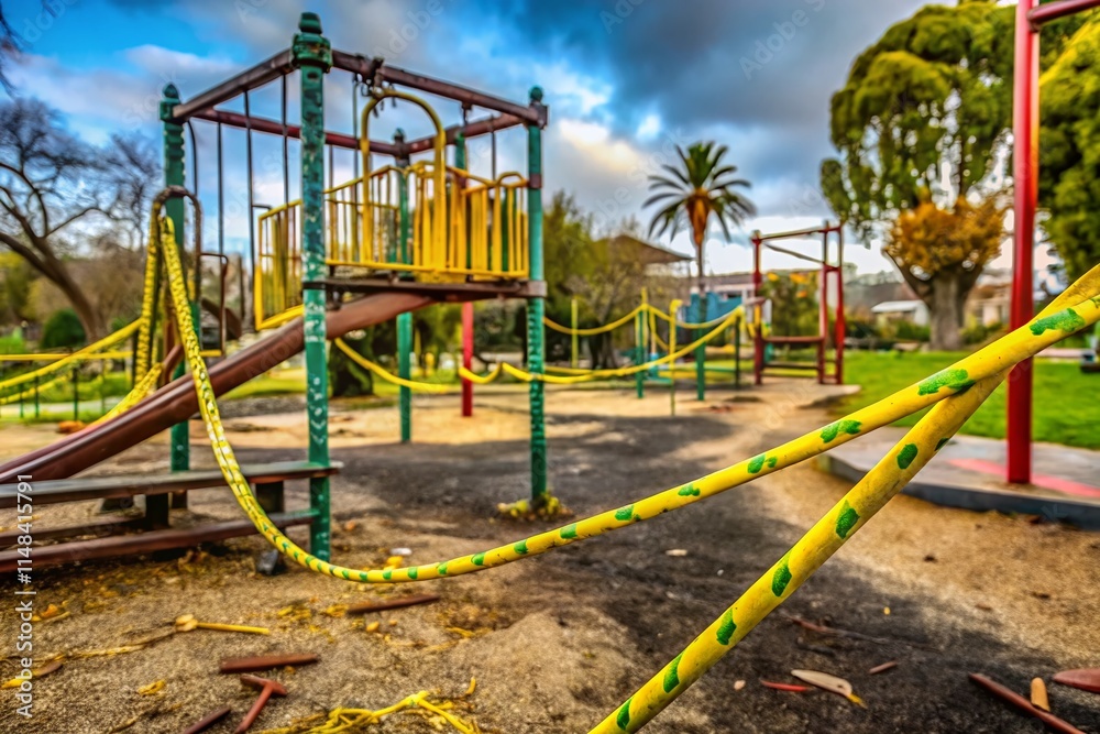 Fototapeta premium Abandoned California Playground: Covid-19 Closure, Bilingual Caution Tape, Urban Exploration Photo