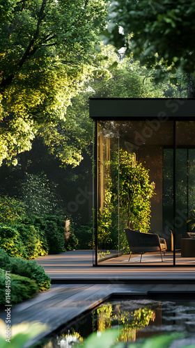 A modern glass house surrounded by lush greenery and tranquil landscaping.