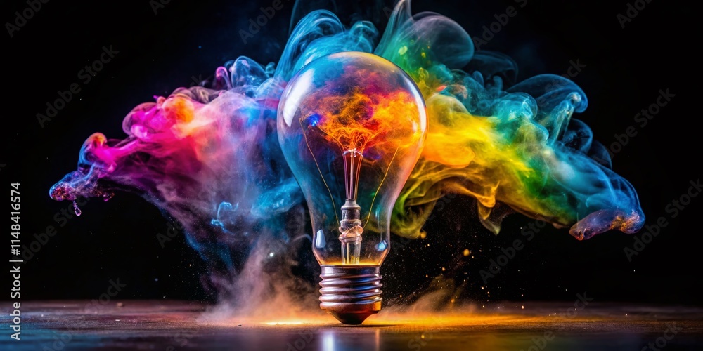 Tilt-Shift Photography: Colorful Smoke Exploding Light Bulb - New Generation Energy Saving Lighting Tilt-Shift Photography: Colorful Smoke Exploding Light Bulb - New Generation Energy Saving Lighting