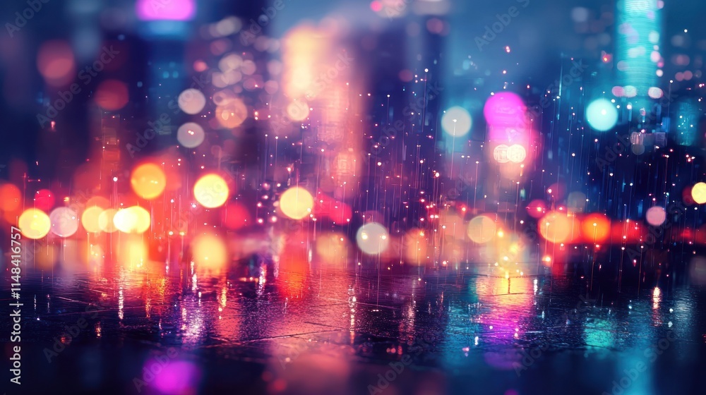 Fototapeta premium Rainy Night Cityscape: Vibrant Lights Reflecting on Wet Streets