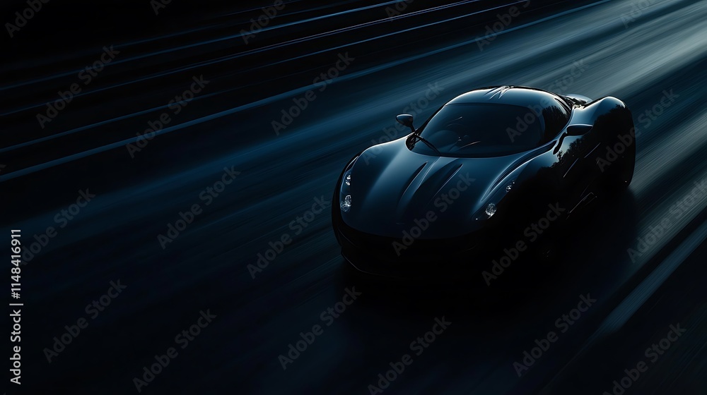 Black car speeds through blurry road. Black car speeds through blurry road.