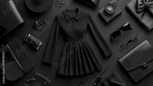 Flatlay of black women's fashion accessories and pleated dress.