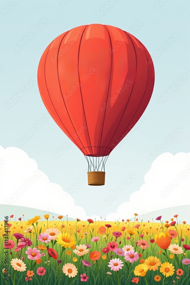 Fototapeta premium illustration of a red hot air balloon flying over a field of flowers