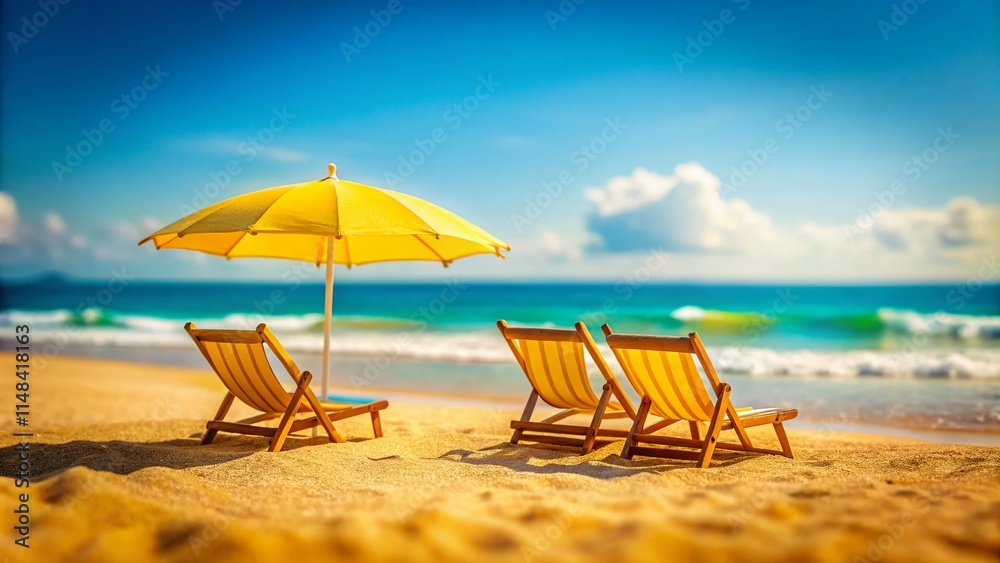 Tilt-Shift Summer Beach: Yellow Chairs, Sunny Umbrella, Seascape Relaxation Tilt-Shift Summer Beach: Yellow Chairs, Sunny Umbrella, Seascape Relaxation