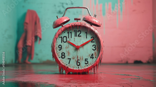 Dementia, A vibrant alarm clock covered in red paint stands on a wet surface, with a colorful backdrop, creating a surreal and artistic atmosphere. photo