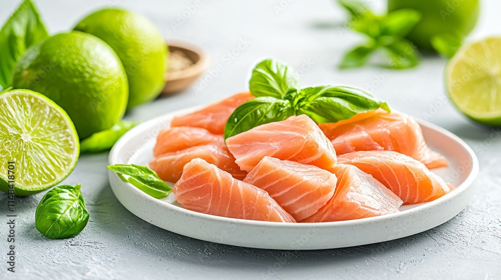 A close-up of raw shrimp tails on a white ceramic plate, surrounded by fresh basil and lime. A close-up of raw shrimp tails on a white ceramic plate, surrounded by fresh basil and lime.