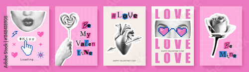 Set of trendy retro valentines day cards with halftone elements. Collection of cards in trendy Y2K style with paper cut out collage elements. Vector illustration