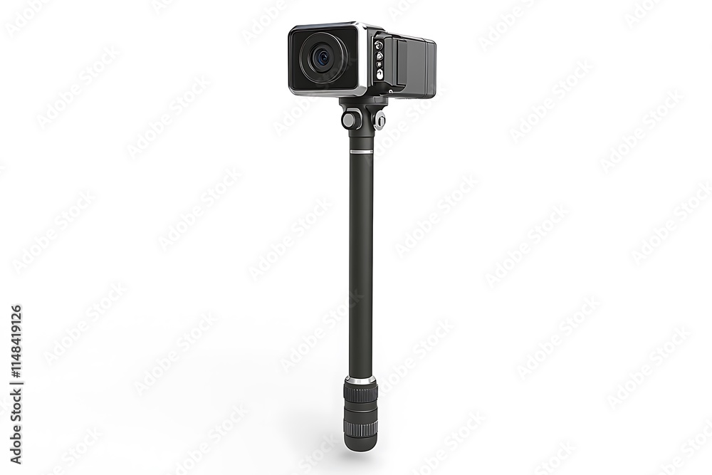 Photo and video lightweight black action camera with selfie stick on white background. Photo and video lightweight black action camera with selfie stick on white background.
