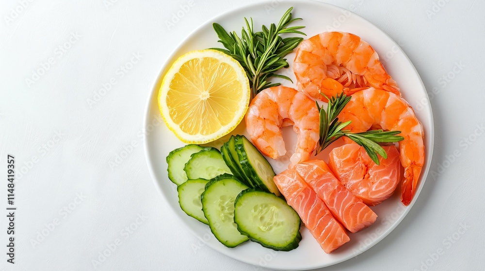 A minimalist layout of fresh seafood fillets on a white plate with herbs and lemon slices. A minimalist layout of fresh seafood fillets on a white plate with herbs and lemon slices.
