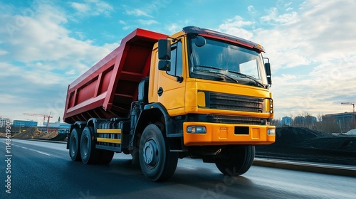 Red and yellow dump truck driving on road.