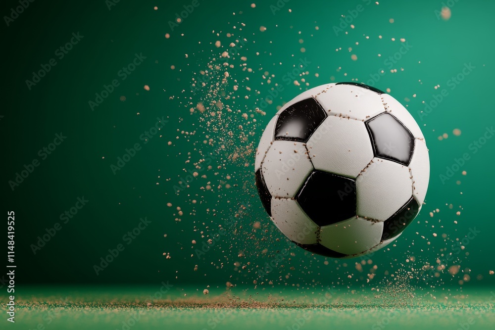 Fototapeta premium A 3D-rendered soccer ball on a dynamic green field, with the motion of a powerful kick frozen in time