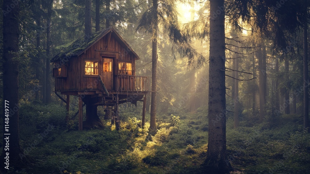 Misty sunrise illuminates a cozy wooden treehouse nestled in a dense forest. Misty sunrise illuminates a cozy wooden treehouse nestled in a dense forest.