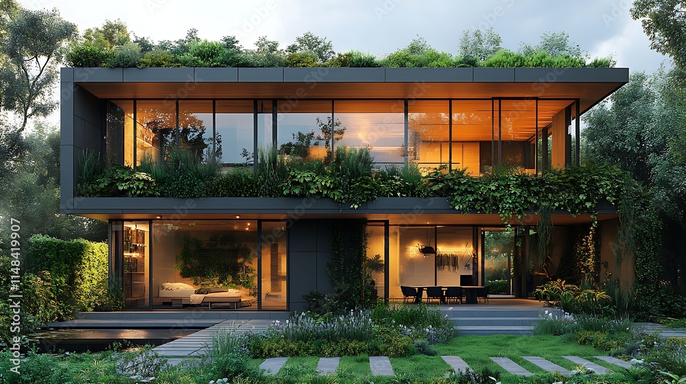 Sustainable modern house with glass walls harmonizes with lush greenery and nature picture Sustainable modern house with glass walls harmonizes with lush greenery and nature picture