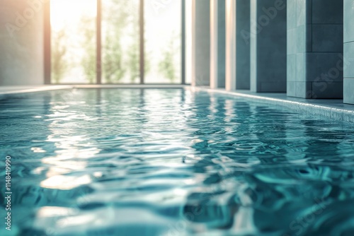 Indoor pool's tranquil blue water, sunlit. Perfect for wellness, spa, relaxation themes.