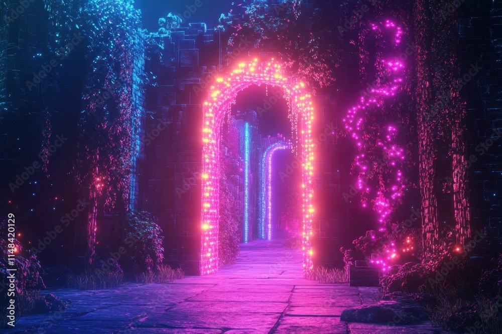 Fototapeta premium Neon Lit Archway Pathway Through Futuristic Garden