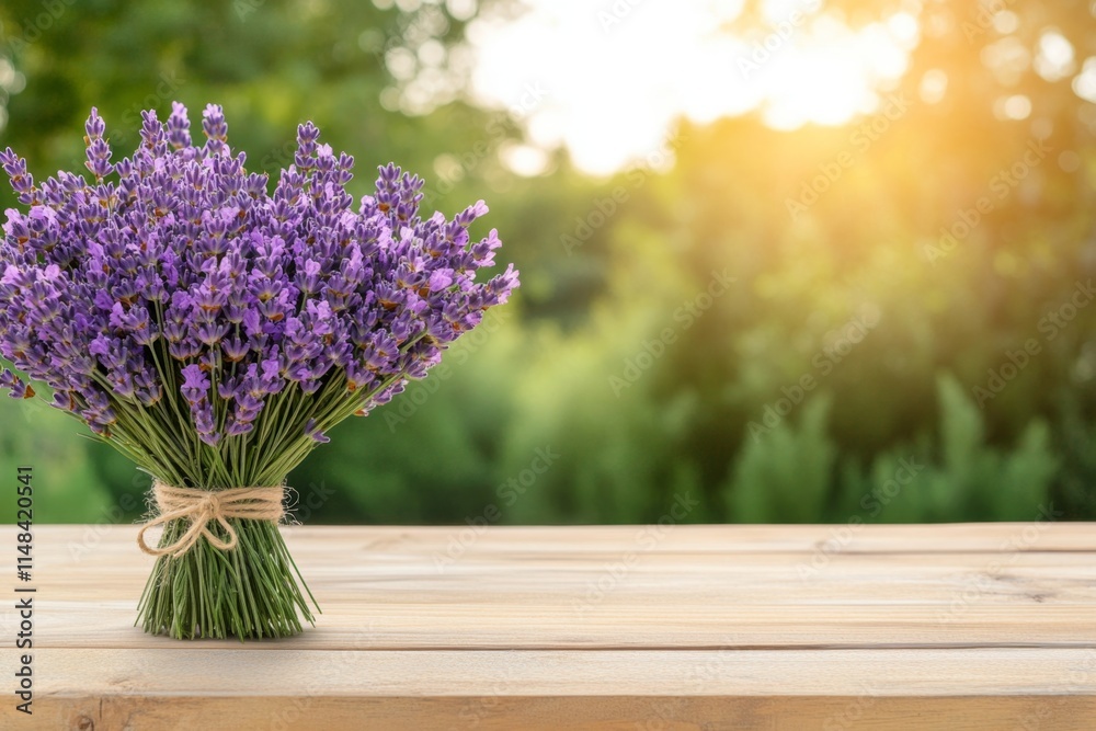 A bouquet of fresh lavender tied with twine, resting on a wooden table with its soft purple hues catching the light A bouquet of fresh lavender tied with twine, resting on a wooden table with its soft purple hues catching the light