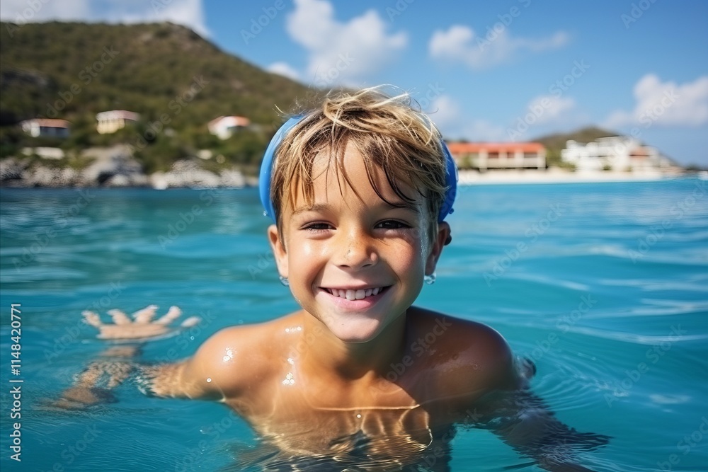 Portrait of a smiling boy swimming in the sea at summertime Portrait of a smiling boy swimming in the sea at summertime