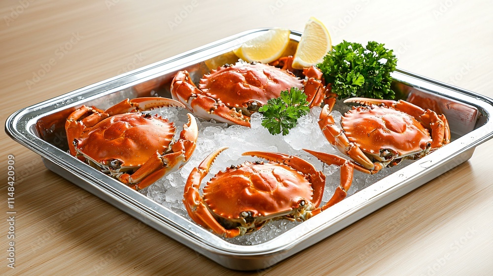 Fresh raw crab displayed on a silver tray with crushed ice and light herb garnish. Fresh raw crab displayed on a silver tray with crushed ice and light herb garnish.