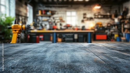 Dark wooden surface in blurred workshop. Ideal for showcasing tools, products, or DIY projects. photo