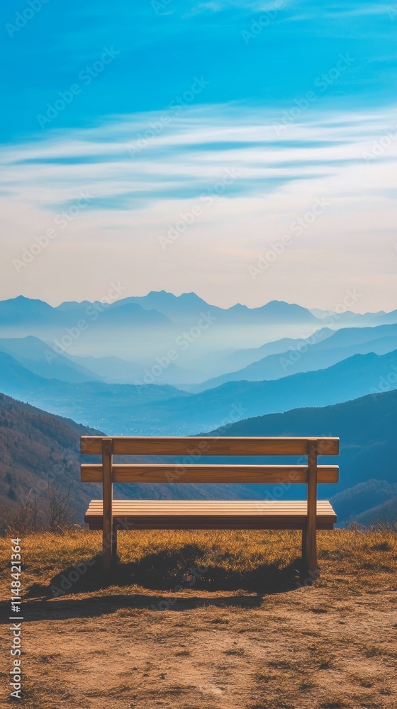a wooden bench with mountains in the distance and morning sky a wooden bench with mountains in the distance and morning sky