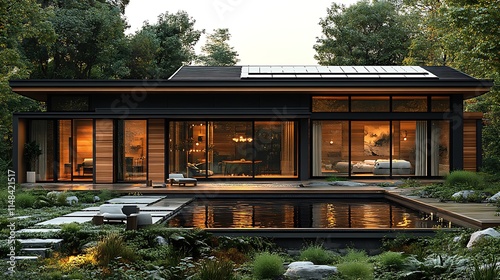 Tranquil forest embraces a modern eco house with sleek architectural windows wallpaper image
