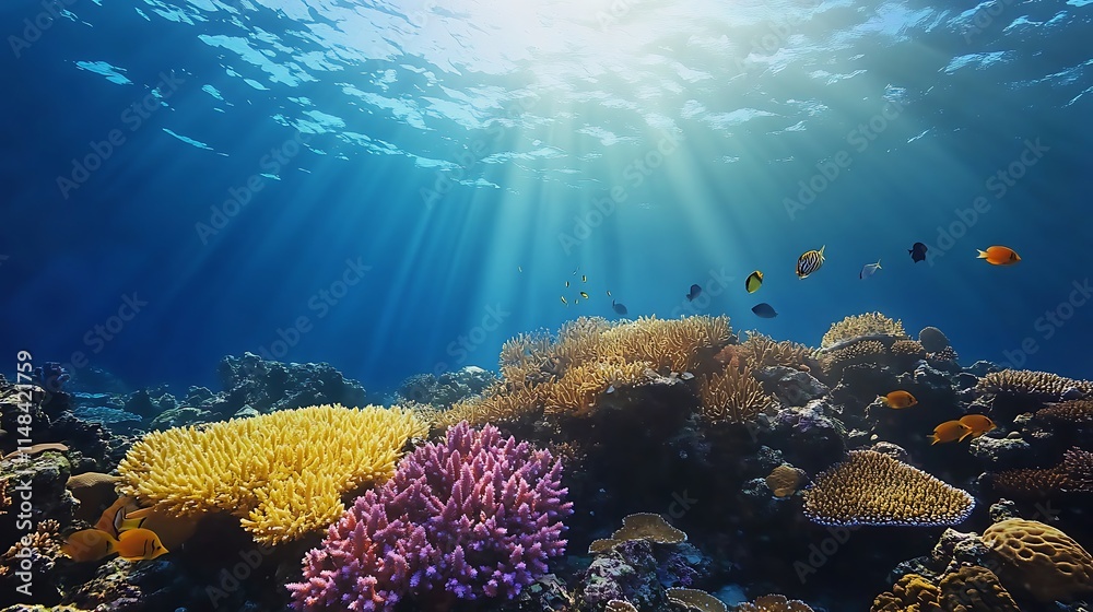 Naklejka premium Underwater coral reef with sun rays.