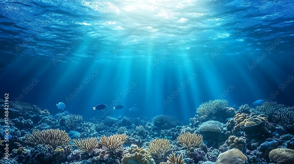 Underwater coral reef with sunbeams. Underwater coral reef with sunbeams.