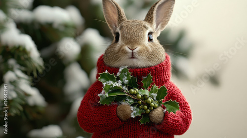 Rabbit Santa concept. rabbit in red sweater holds mistletoe, celebrating festive season