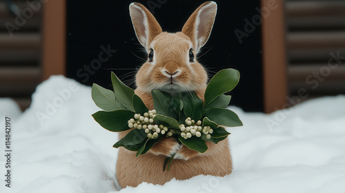 Rabbit Santa concept. rabbit holding mistletoe in snow, evoking festive spirit