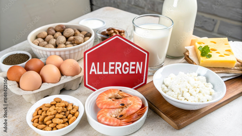 The table features products that often cause allergies: nuts, milk, shrimp and eggs. In the center of the composition is a stop sign, emphasizing the prohibition of these products. The table features products that often cause allergies: nuts, milk, shrimp and eggs. In the center of the composition is a stop sign, emphasizing the prohibition of these products.