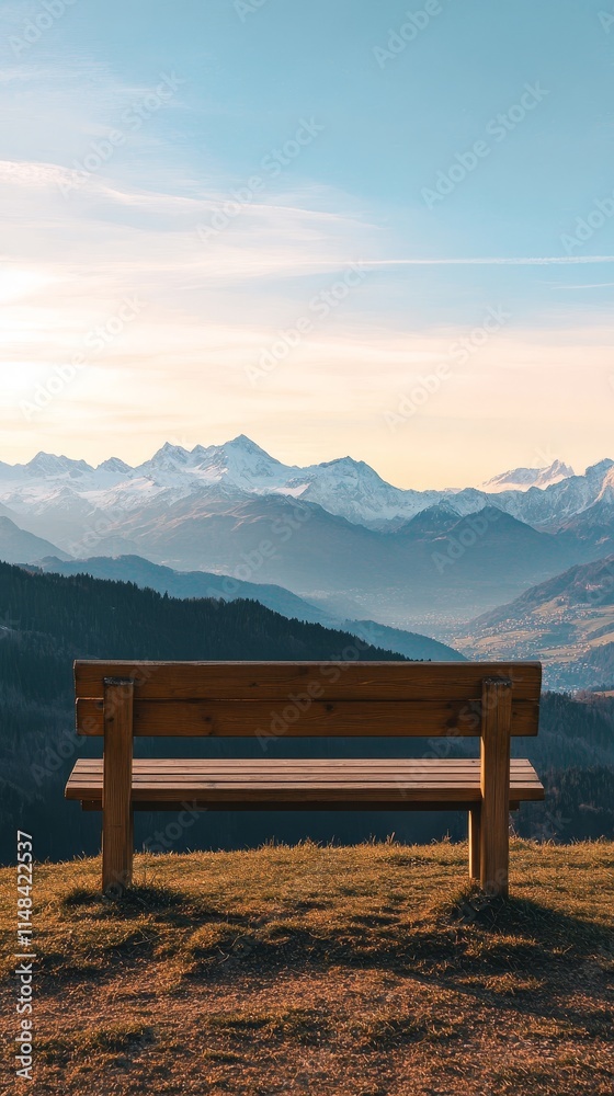a wooden bench with mountains in the distance and morning sky a wooden bench with mountains in the distance and morning sky