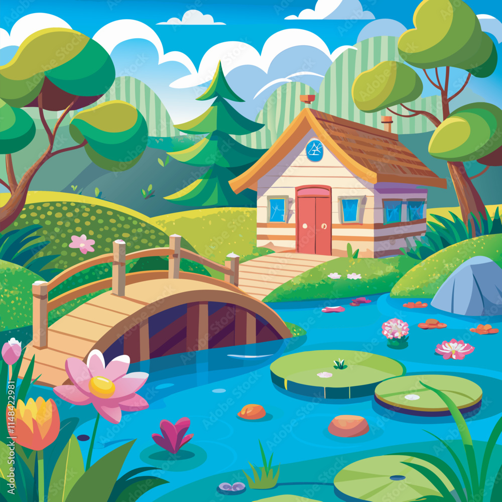 Fototapeta premium House by a pond with a bridge