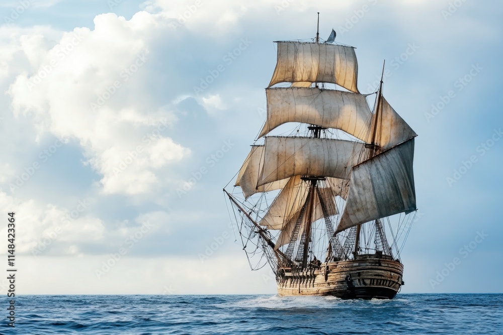 Fototapeta premium Historic tall ship with billowing sails sailing through open waters coastal horizon seascape photography tranquil marine environment dramatic sky maritime adventure