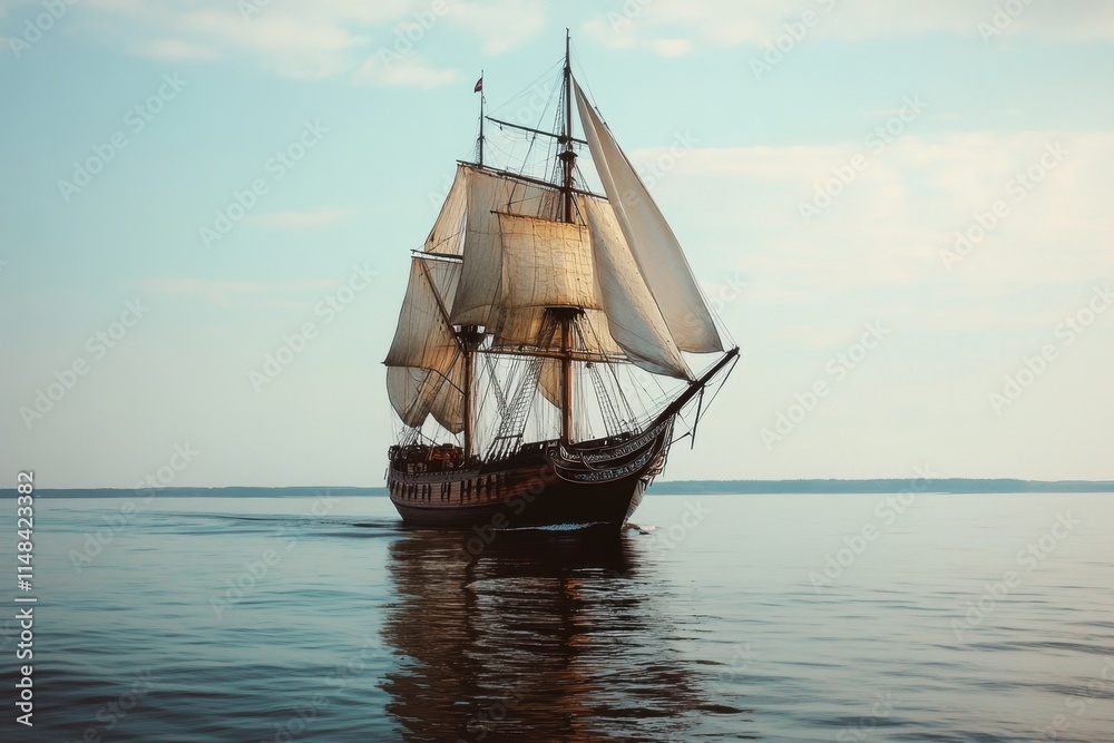 Naklejka premium Historic tall ship sailing in tranquil waters coastal location nautical scene serene environment wide-angle view embracing the beauty of ships