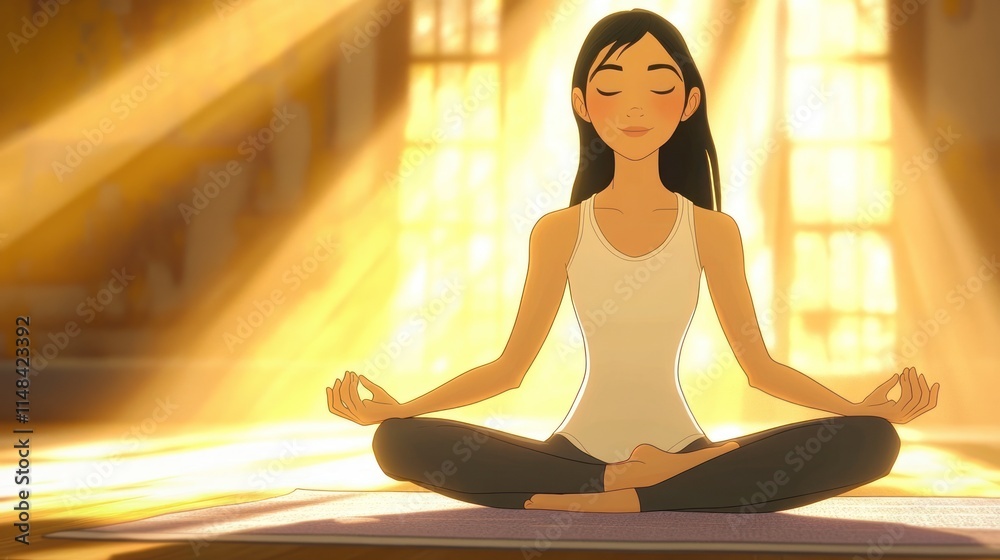Serene woman meditates in sunlit attic room. Serene woman meditates in sunlit attic room.