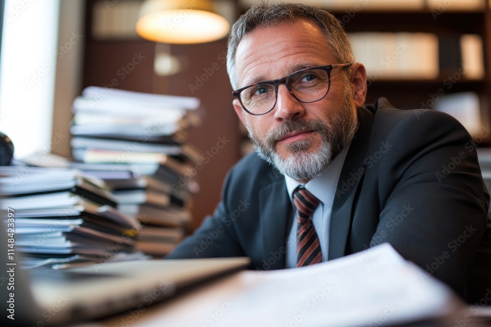 A serious-looking businessman with a beard and glasses, concentrating on his work amidst a stack of papers, reflecting dedication and professionalism in his environment. A serious-looking businessman with a beard and glasses, concentrating on his work amidst a stack of papers, reflecting dedication and professionalism in his environment.