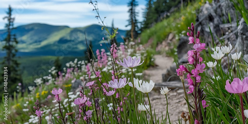 A scenic medium shot of a hiking trail in spring photo