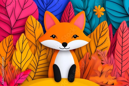 A digital illustration of a fox sitting among autumn leaves, with vibrant, stylized colors and playful details photo