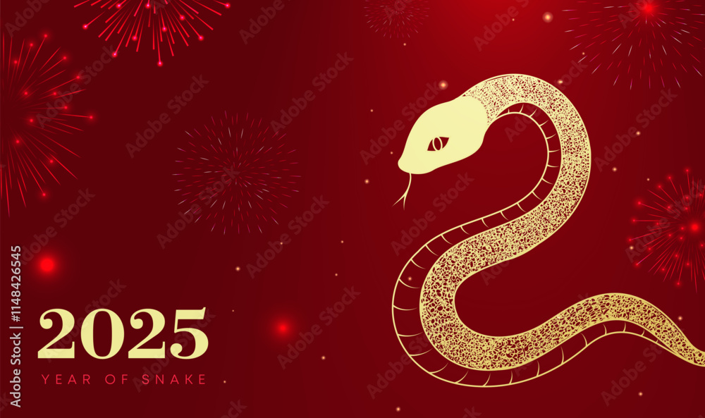 Fototapeta premium Spring Festival background design to celebrate the Year of the Snake with golden snakes and fireworks